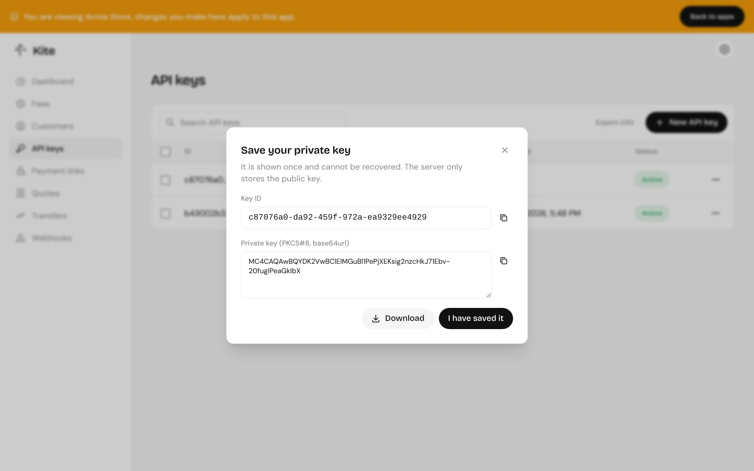 The key ID and private key, shown once after creating the key