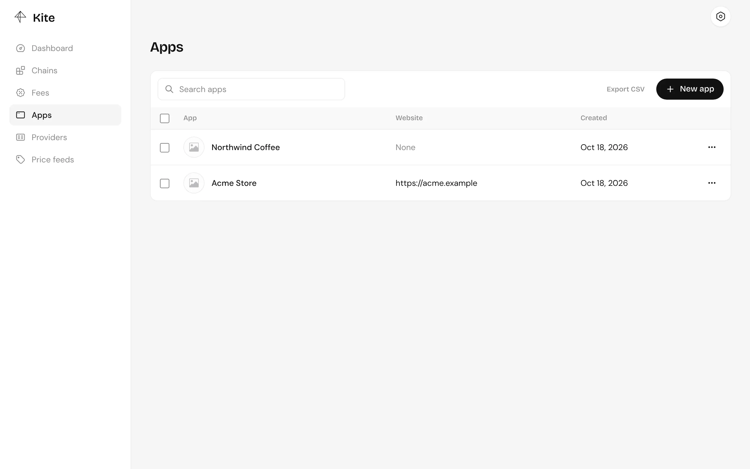 The Apps page listing Acme Store and Northwind Coffee