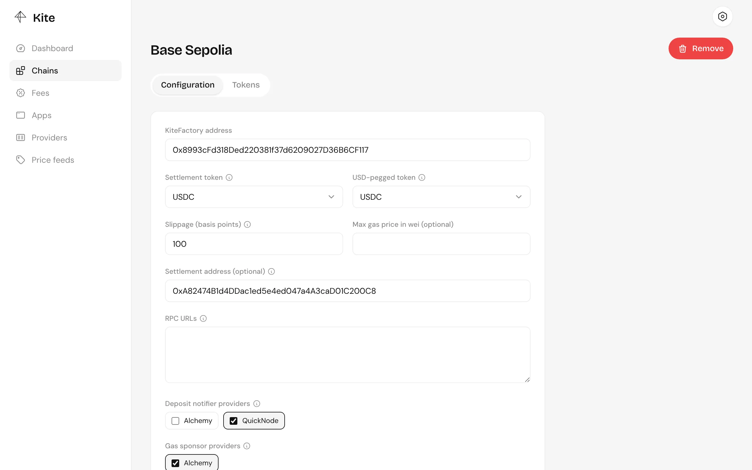A configured chain: factory address, settlement and USD-pegged tokens, slippage, settlement address, RPC URLs and providers
