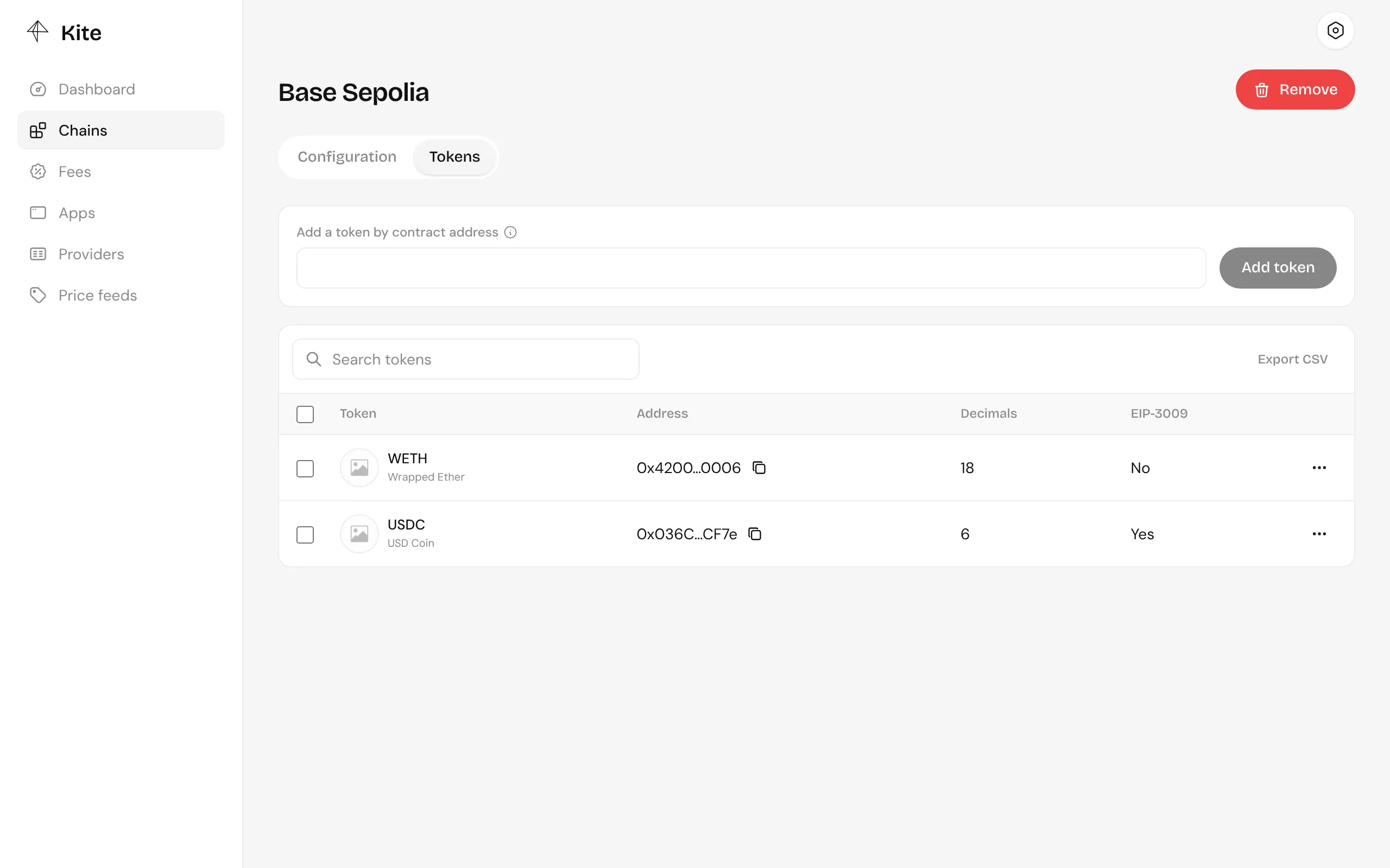 The Tokens tab of Base Sepolia, listing USDC and WETH