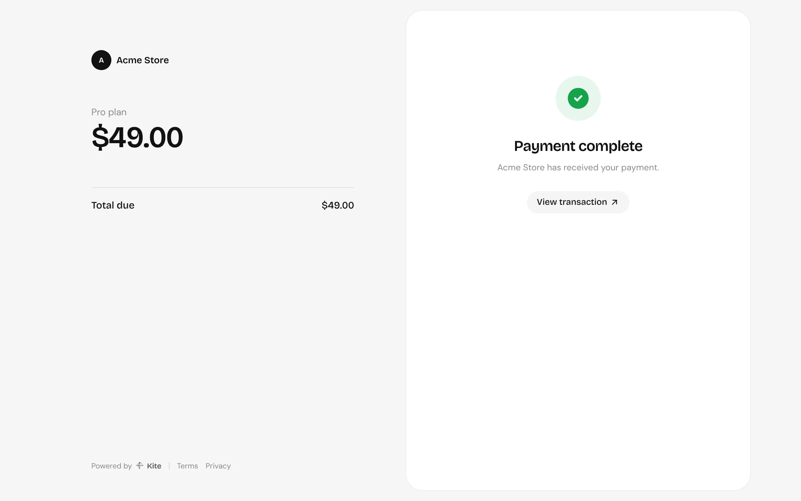 Payment complete, with a link to the settlement transaction