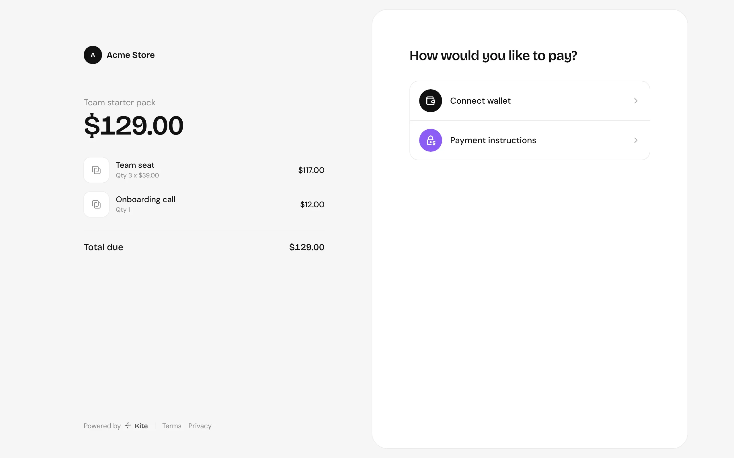 Checkout: the order on the left and the choice of payment method on the right
