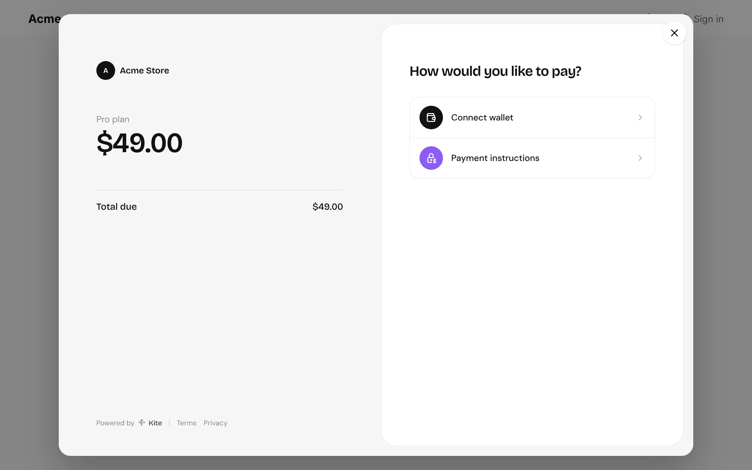 Checkout open over a store’s pricing page