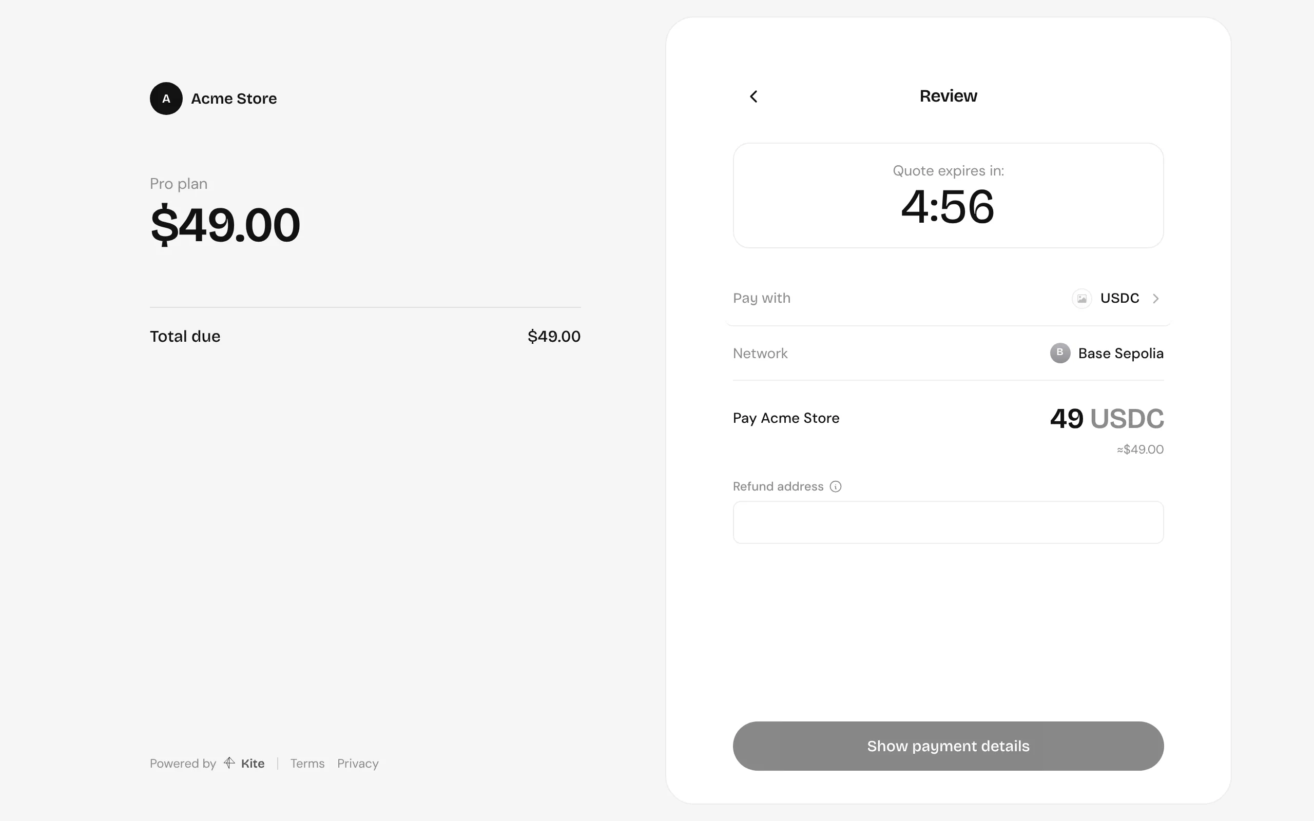 The review step: quote countdown, token, network, amount and refund address