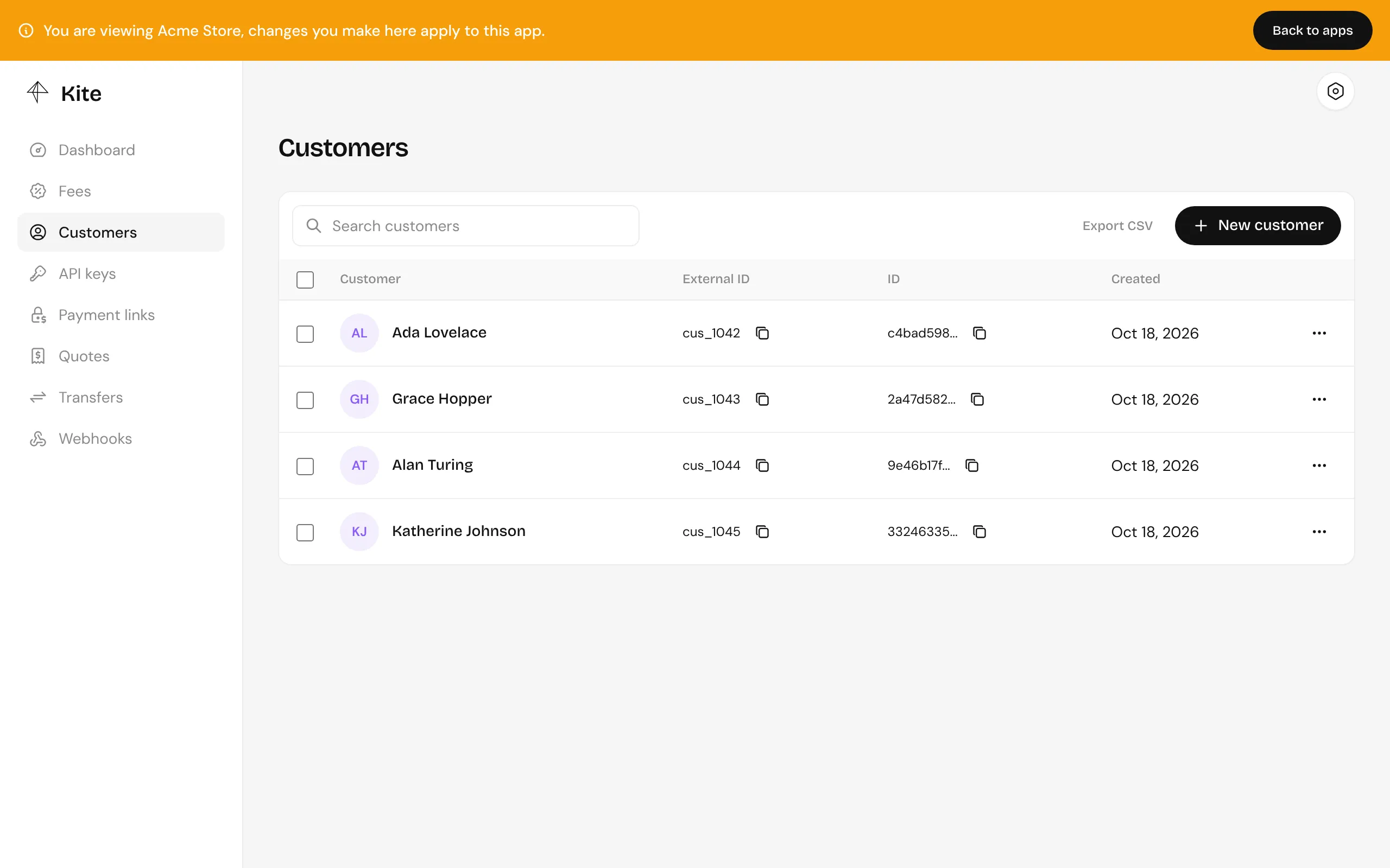 The Customers page, with each customer’s external ID, name and traits