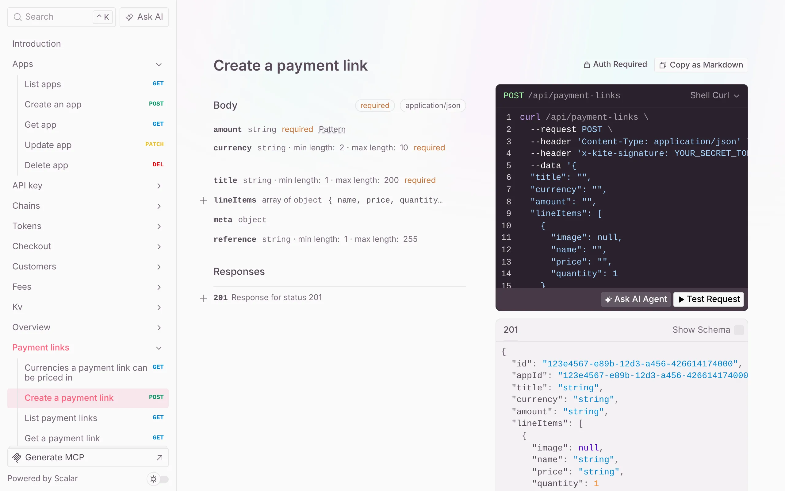 Create a payment link in the reference: its body fields, a curl example and the response