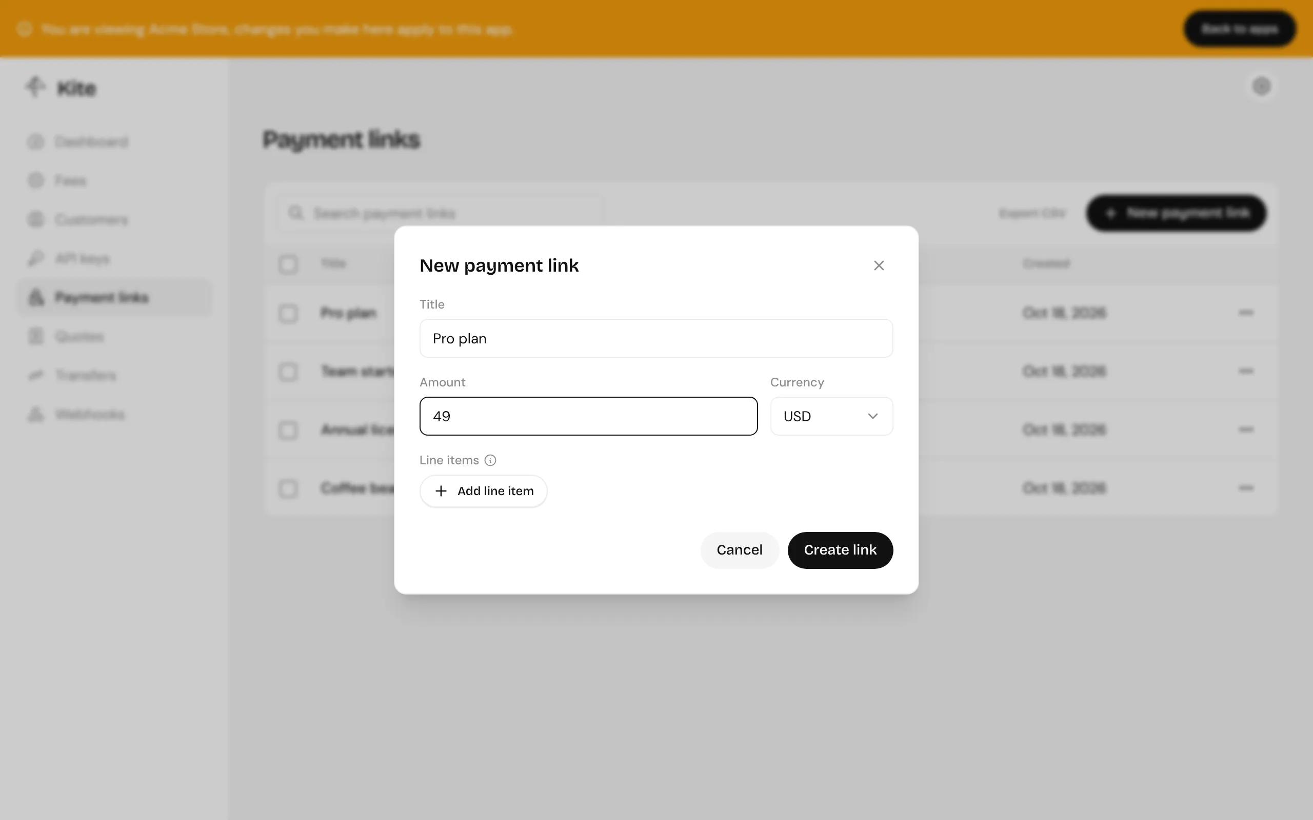 Creating a payment link: title, currency, amount and optional line items