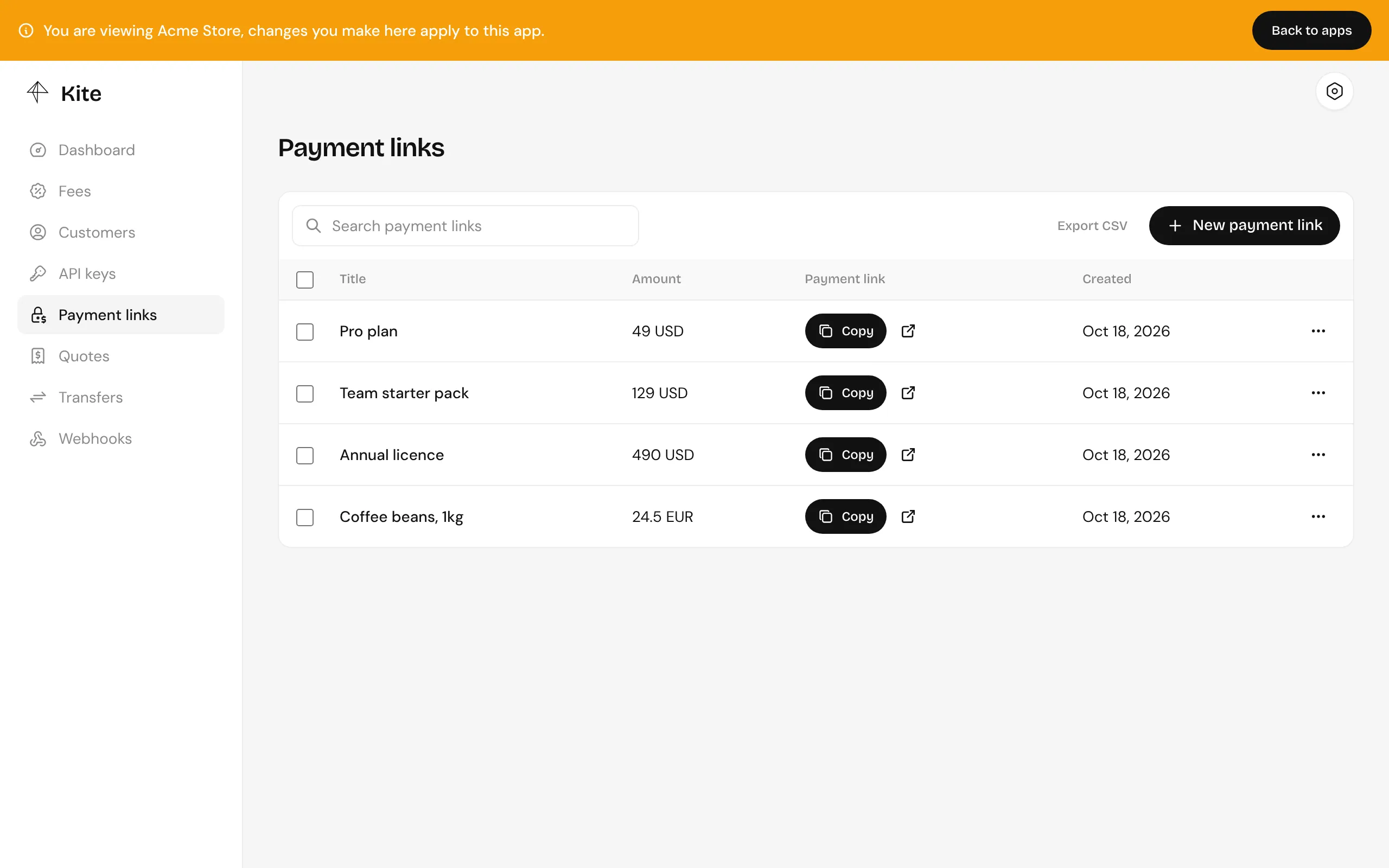 The Payment links page