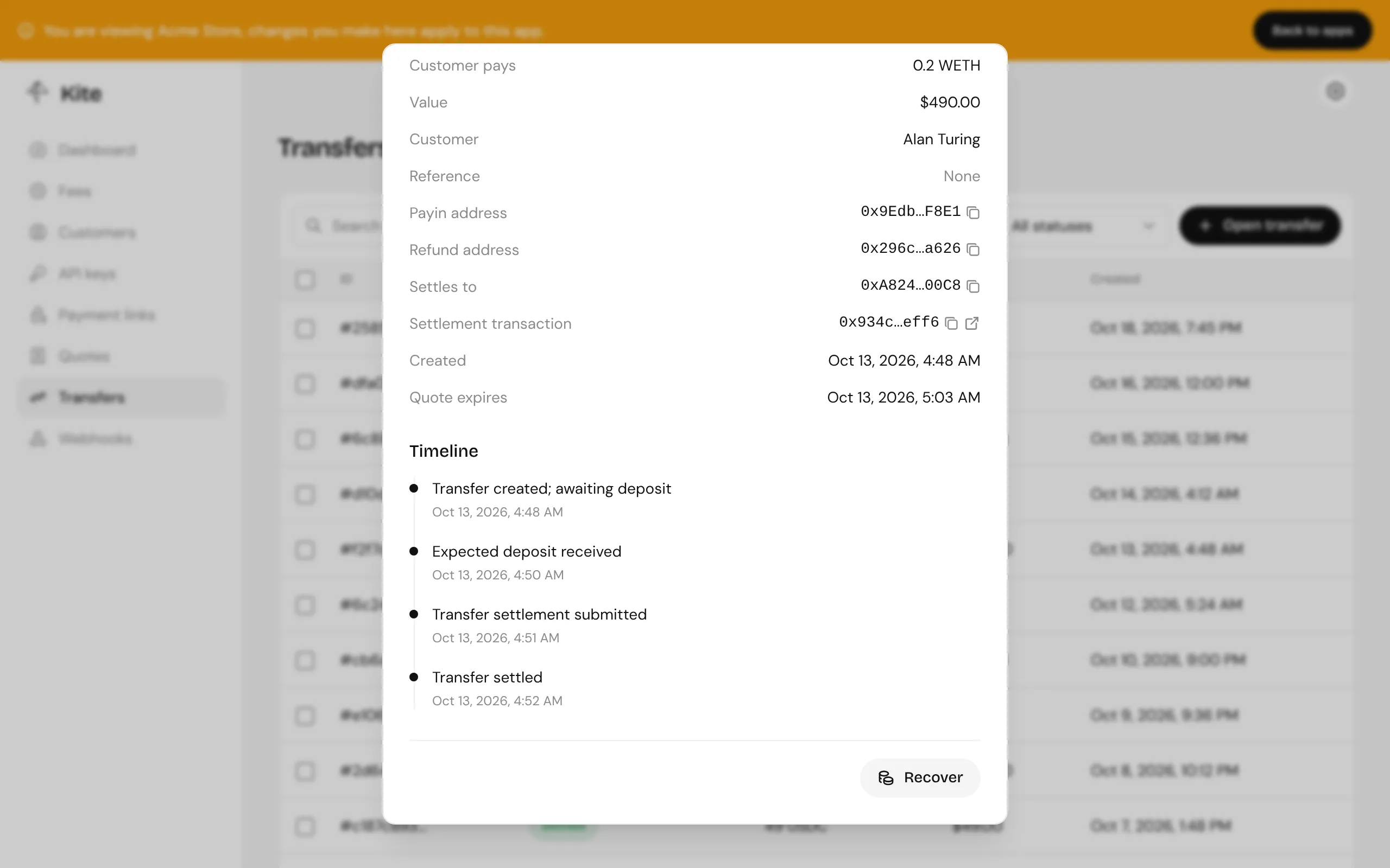 The bottom of a settled transfer, with its timeline and the Recover action