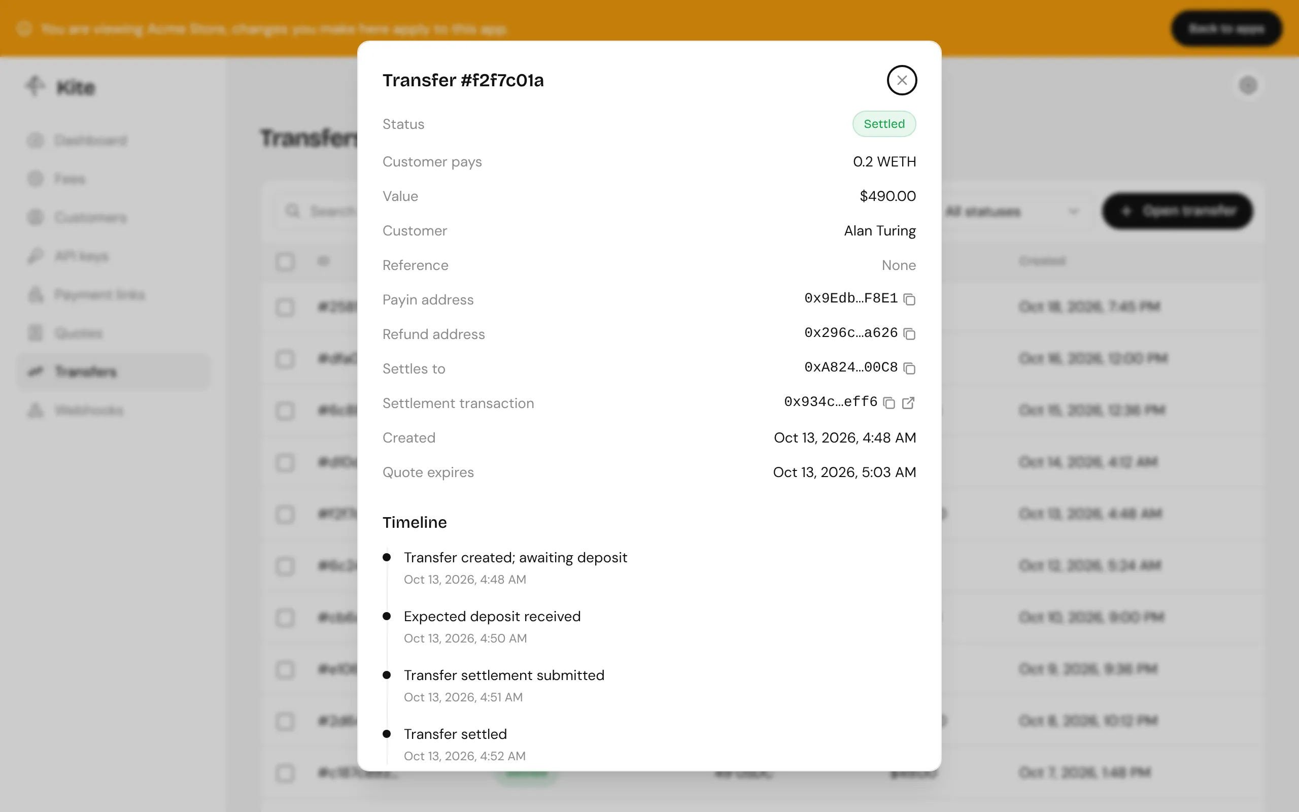 A settled transfer: amounts, customer, addresses, the settlement transaction and its timeline