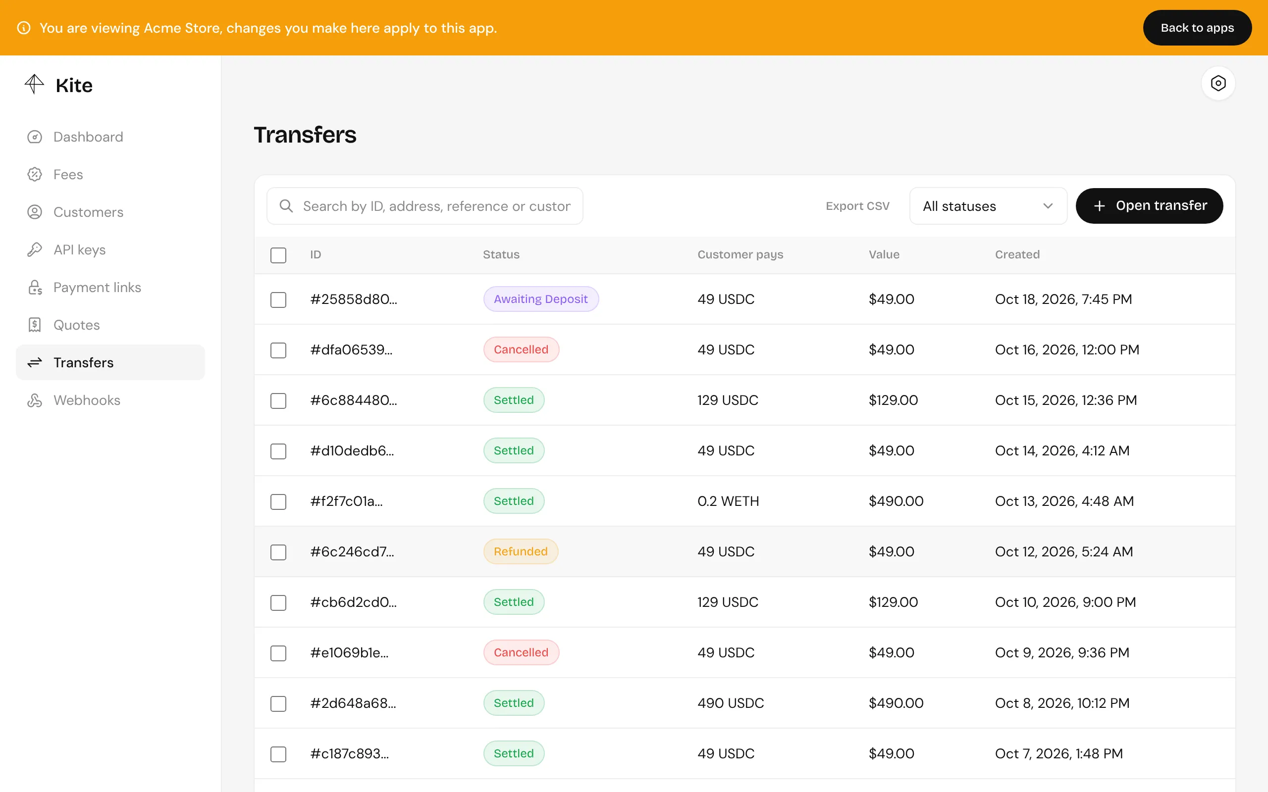 The Transfers page: status, amount, value and when each was created