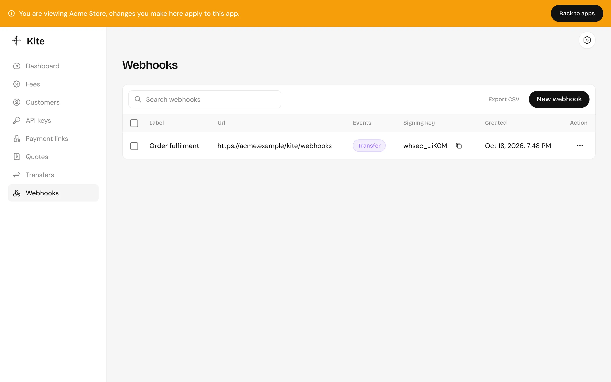 The Webhooks page, with each webhook’s events and deliveries